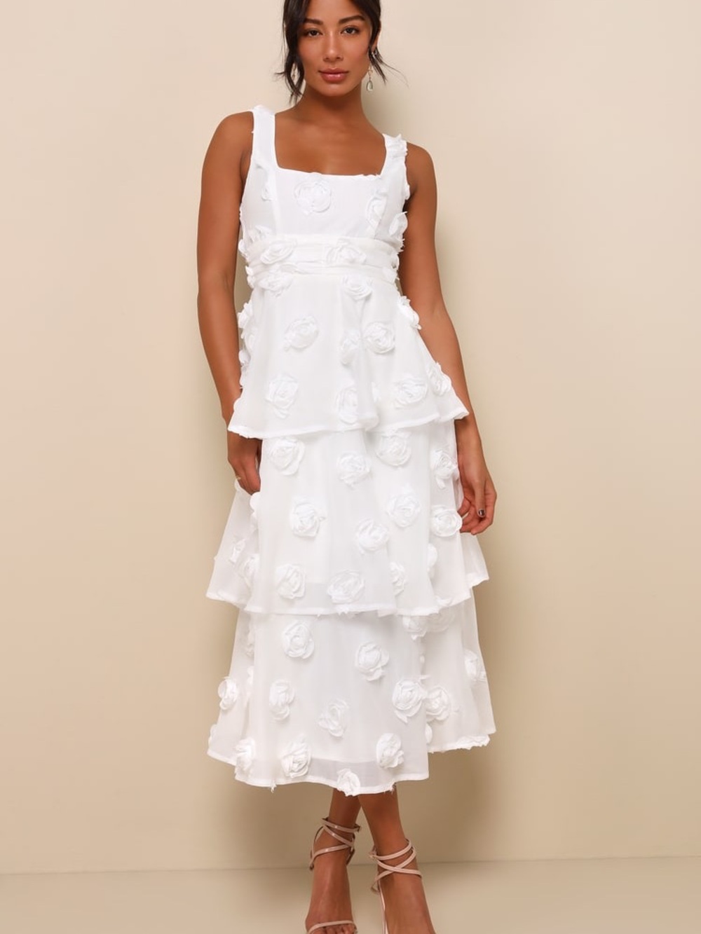 NWOT Lulus Exceptional Entrance White Sleeveless Tiered Rosette Midi Dress